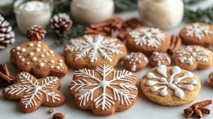 Fototapeta premium Gluten-Free Holiday Cookies - Beautifully decorated allergy-friendly Christmas cookies arranged with alternative flours and ingredients in the background.
