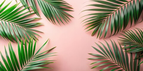 A serene arrangement of lush green palm fronds elegantly positioned against a soft pink backdrop, creating a vibrant and tranquil aesthetic