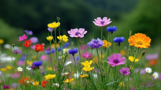 A vibrant meadow bursts with color as various wildflowers bloom in a lush green field, creating a stunning display of nature's beauty on a bright day at sptime.