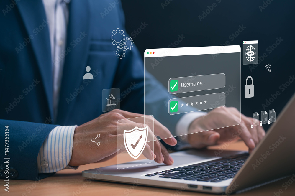 Leinwandbilder Cybersecurity Concept Showing Businessman Logging In on Laptop with Username and Password Interface. Online Identity Protection, Secure Access, and Privacy in Corporate Environment