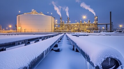 Obraz premium Industrial Complex in Winter: Snow-Covered Pipelines and Gas Storage Tank Amidst Cold Atmospheric Conditions and Billowing Smoke Under Night Sky