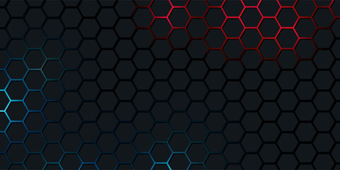 Dark red and blue hexagon abstract technology background with red and blue colored bright flashes under hexagon. Hexagonal gaming vector abstract tech background.
