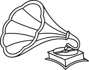 Simple black and white illustration of an antique gramophone for music and audio concept