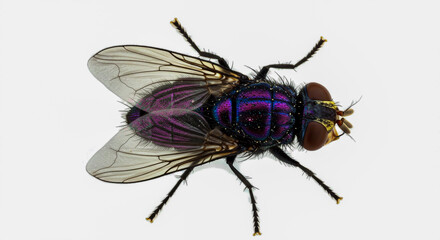 Stunning macro photograph of a metallic purple and blue fly insect against a clean white background