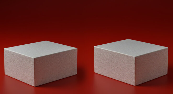 Two white cuboid platforms set against a rich red background for product presentation and display