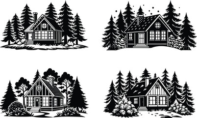 Cabin in the Winter Forest Silhouette in black and white.