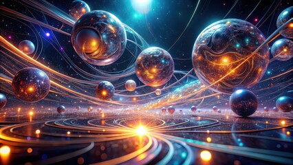 Obraz premium A Celestial Tapestry of Interconnected Spheres Illuminated by Radiant Energy Streams in a Cosmic Ballet