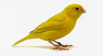Vibrant canary bird perched elegantly on a white surface isolated for versatile design applications