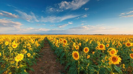 Fototapeta premium Wide field of blooming sunflowers under a blue sky during the golden hour sunlight, forming an endless rows of flowers that create a bright and joyful summer countryside landscape