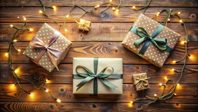 A Festive Arrangement of Wrapped Gifts Adorned with Ribbons and Illuminated by Warm String Lights on a Rustic Wooden Surface