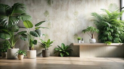 Serene Indoor Oasis Lush Greenery Against a Textured Wall, Accented by a Minimalist Bench
