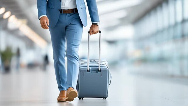Businessman in blue suit walking with rolling suitcase through modern airport corridor, perfect for corporate travel and mobility visuals