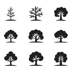 Set of Tree Illustrations Featuring Different Types and Shapes of Trees in Black and White for Nature Design