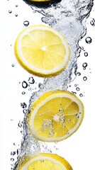 Sliced lemons falling through water creating splash and bubbles studio shot on white background