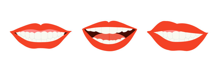 Obraz premium A vector illustration of three different red lips with various smiling expressions. Isolated on white background. Perfect for beauty, fashion, or pop art-themed design projects.