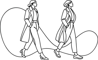 Minimalist line art illustration of two stylish women walking in fashionable coats