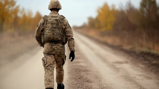 Soldier walking on a dirt road surrounded by autumn trees in a tranquil landscape during a calm day