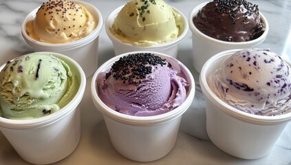 Assorted artisanal ice cream scoops in small cups