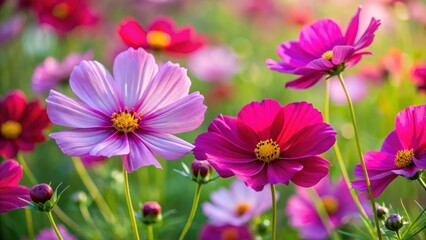 Obraz premium Żywe kwiaty kosmosu rozwijają swoje delikatne płatki w bujnym ogrodzie, prezentując swój wyjątkowy kształt i kolorowe odcienie