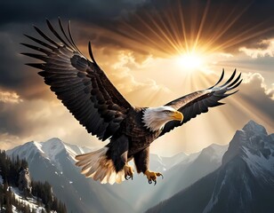 A majestic and realistic image of a bald eagle flying high above mountains with sun rays 