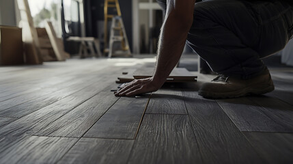 Worker Installing Dark Wood Flooring in a Room