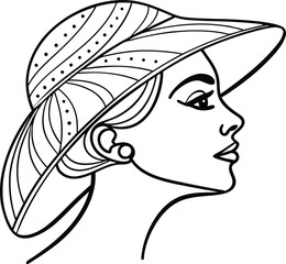 Elegant woman in a sun hat silhouette vector illustration in black and white