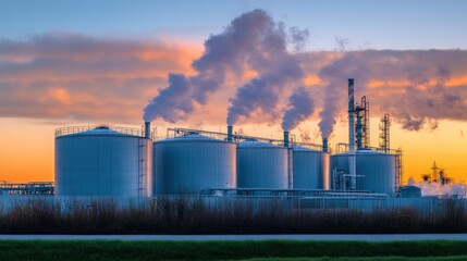Industrial storage tanks releasing vapor under a colorful sunset sky with dramatic clouds, depicting the contrast between nature and pollution in an industrial setting