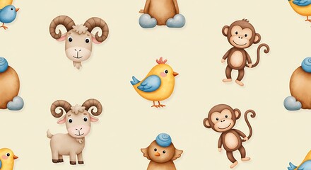 Cute Animal Seamless Pattern: Birds, Monkeys, Rams