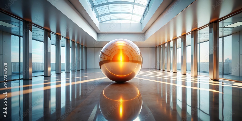 Fototapete a luminous sphere rests in a modern, sunlit atrium, its golden reflection mirroring the sleek archit