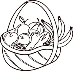 Hand drawn black and white illustration of a basket filled with various fresh fruits