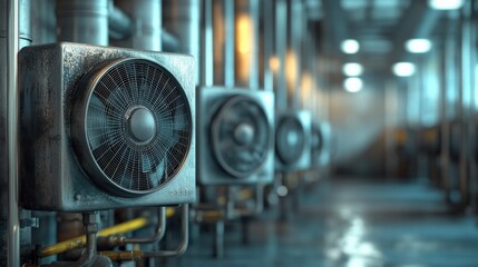 Fototapeta premium Industrial Ventilation System with Cooling Fans in a Large Facility, Emphasizing Mechanical Design and Machinery for Commercial Use with a Focal Point on Efficiency and Functionality