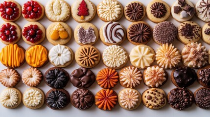 Fototapeta premium Holiday Cookie Variety - Detailed overhead shot showing dozens of different Christmas cookie designs arranged in neat rows by type on light background.