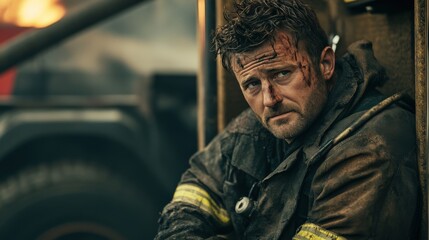 Obraz premium Intense Portrait of a Firefighter Amidst Chaos, Capturing the Emotional Toll of Firefighting and Bravery in the Face of Danger and Destruction