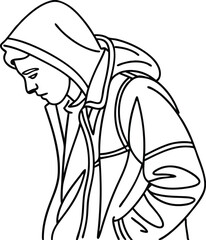 Minimalist black and white illustration of a person wearing a hooded jacket