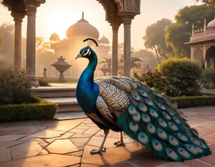 A realistic peacock with open feathers in a palace garden at sunrise