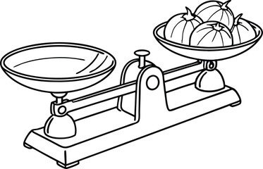 Black and white illustration of a vintage balance scale measuring fruits against blank side