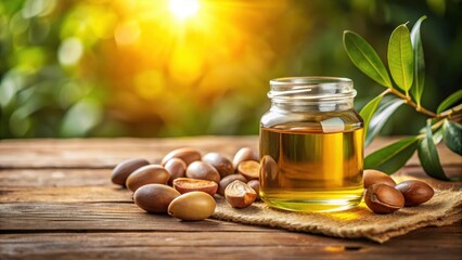 Natural light shines on a jar of argan oil extract