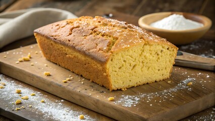 Delicious freshly baked loaf cake with a rustic aesthetic on a wooden board