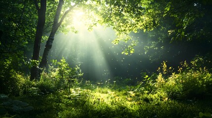 Obraz premium Sunlit Magical Forest with Ethereal Light Rays Streaming Through Tall Trees Creating a Peaceful and Tranquil Atmosphere