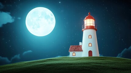 Enchanting Night Scene with Lighthouse under Full Moonlight