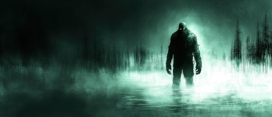Bigfoot in misty swamp at night, horror artwork