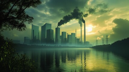 Industrial skyline at sunset with smoke rising from factories, reflecting on a serene lake