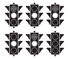 Set of Traffic Light Illustrations Featuring Different States and Designs in Black and White for Urban Design