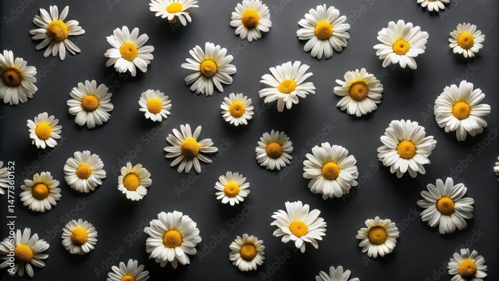 Poster A profusion of delicate daisies arranged in a captivating pattern on a dark gray background, creating a visually appealing and serene composition.
