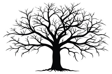 Silhouette Illustration of a Spooky Deciduous Tree with Bare Branches and Exposed Roots