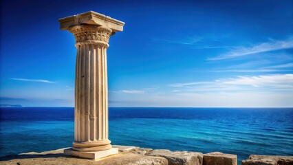 Ancient stone column standing alone in a Mediterranean landscape with blue clear sky and white sea foam