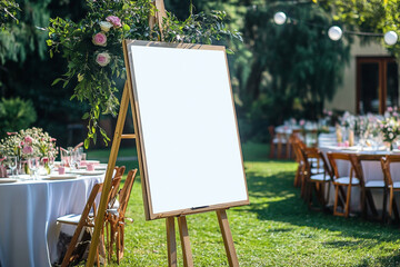 Blank wedding signboard with floral decor at an outdoor reception with copy space