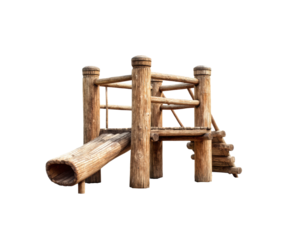 Wooden playground structure designed for kids outdoor playtime fun on a transparent background, cut out