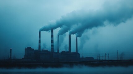 Industrial power plant emitting smoke at dusk with fog over water, showcasing energy production
