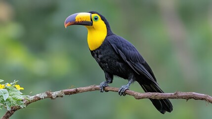 Fototapeta premium Vibrant toucan perched on branch in lush green forest backdrop